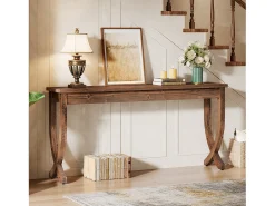 Consola|Tribesigns Mesa de Consola de Madeira Sólida 160cm, Mesa de Entrada no Estilo Rural, Mesa Longa para Sofá Castanho