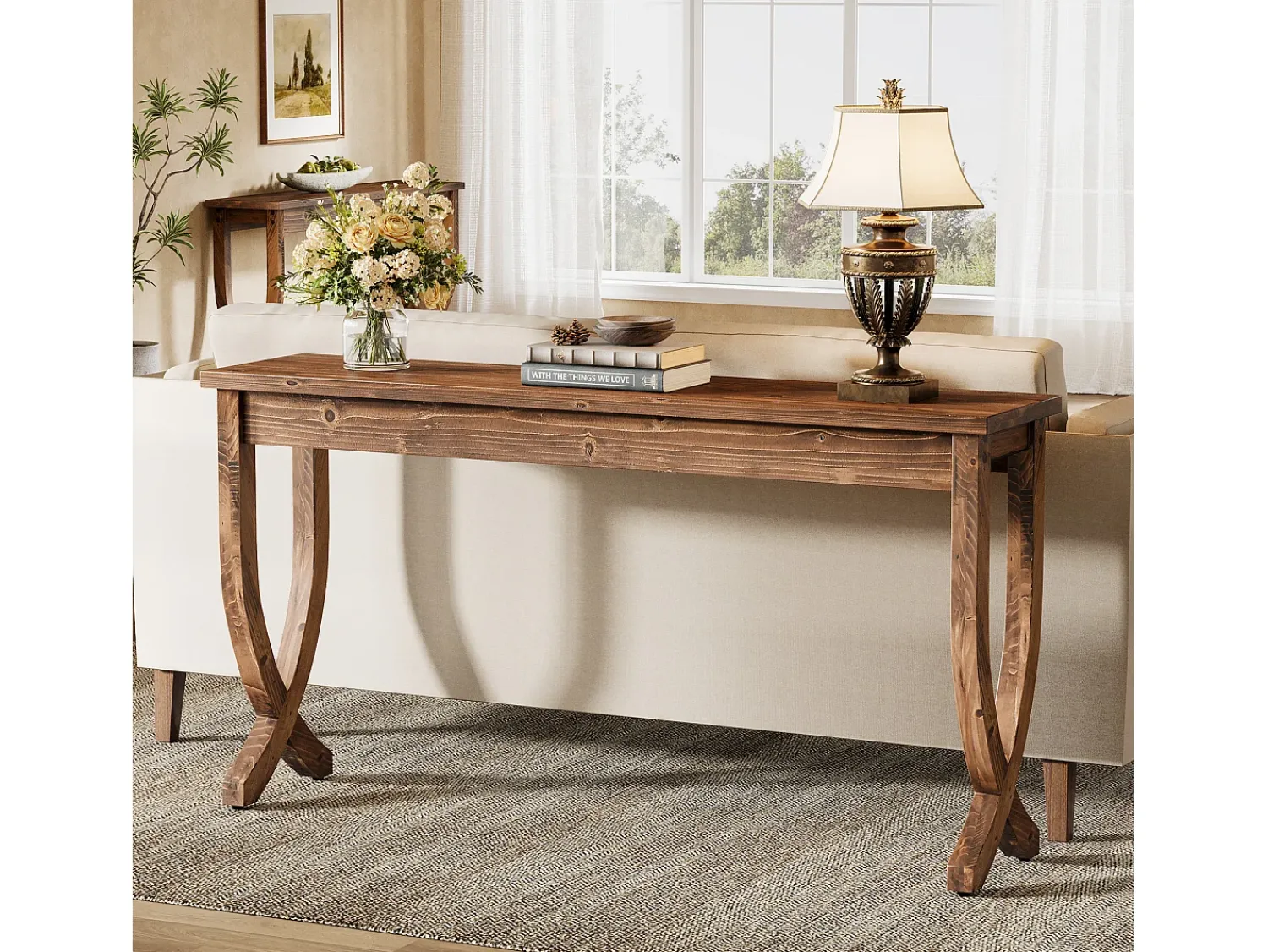 Consola|Tribesigns Mesa de Consola de Madeira Sólida 160cm, Mesa de Entrada no Estilo Rural, Mesa Longa para Sofá Castanho