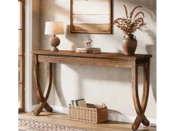 Consola|Tribesigns Mesa de Consola de Madeira Sólida 160cm, Mesa de Entrada no Estilo Rural, Mesa Longa para Sofá Castanho