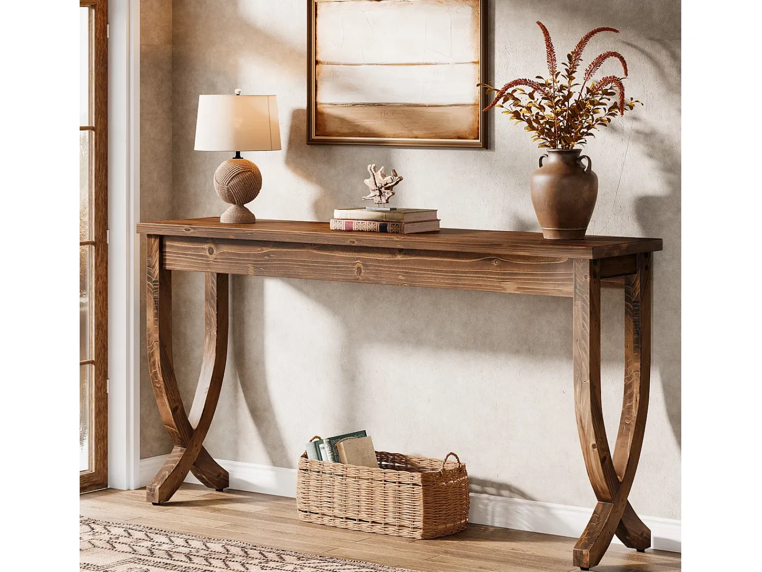 Consola|Tribesigns Mesa de Consola de Madeira Sólida 160cm, Mesa de Entrada no Estilo Rural, Mesa Longa para Sofá Castanho