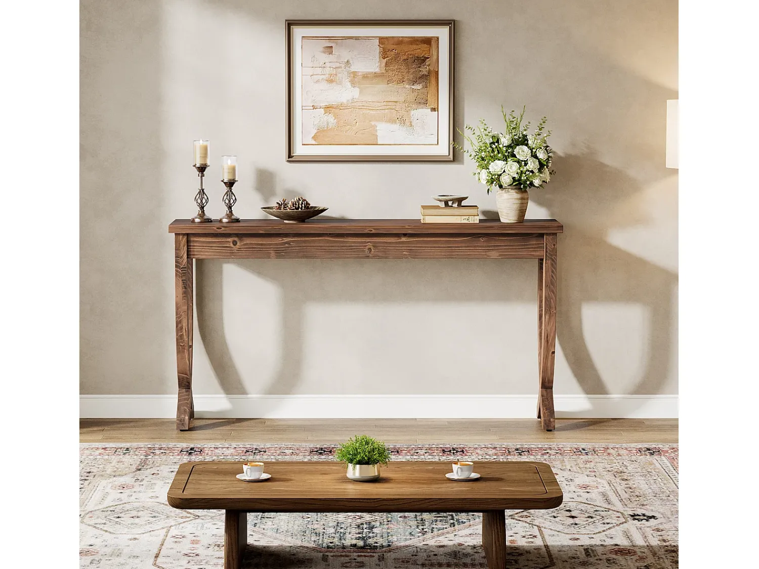 Consola|Tribesigns Mesa de Consola de Madeira Sólida 160cm, Mesa de Entrada no Estilo Rural, Mesa Longa para Sofá Castanho