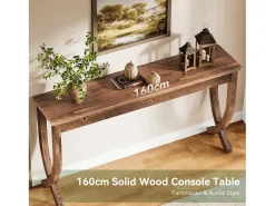 Consola|Tribesigns Mesa de Consola de Madeira Sólida 160cm, Mesa de Entrada no Estilo Rural, Mesa Longa para Sofá Castanho
