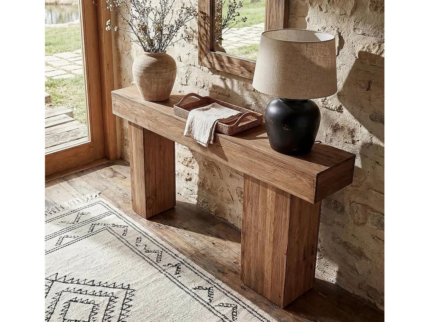 Consola|Tribesigns Mesa de Consola de Madeira Sólida, Mesa de Sofá Rural de 160cm Atrás do Sofá com Pernas Artísticas Castanho