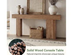 Consola|Tribesigns Mesa de Consola de Madeira Sólida, Mesa de Sofá Rural de 160cm Atrás do Sofá com Pernas Artísticas Castanho