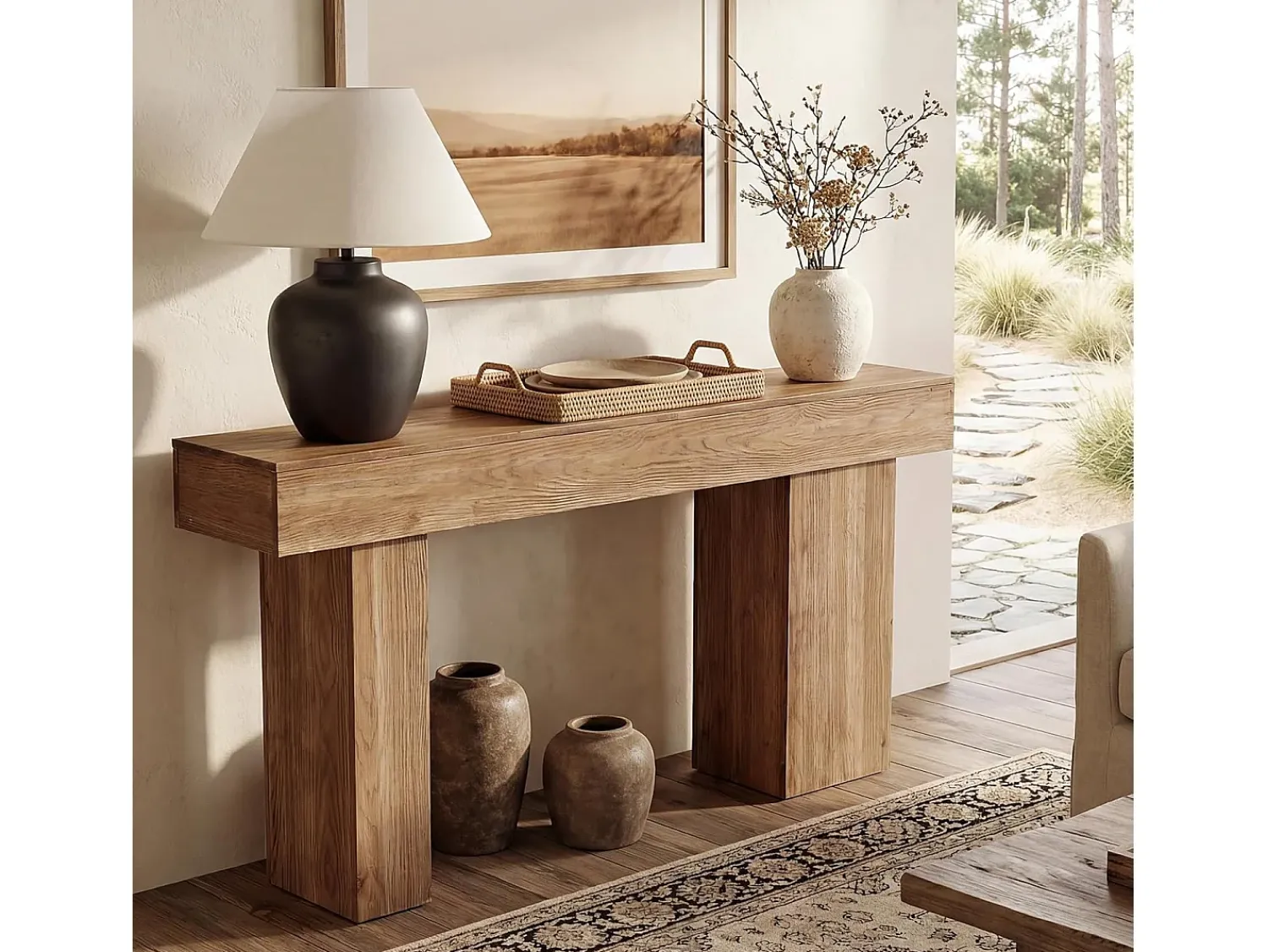 Consola|Tribesigns Mesa de Consola de Madeira Sólida, Mesa de Sofá Rural de 160cm Atrás do Sofá com Pernas Artísticas Castanho