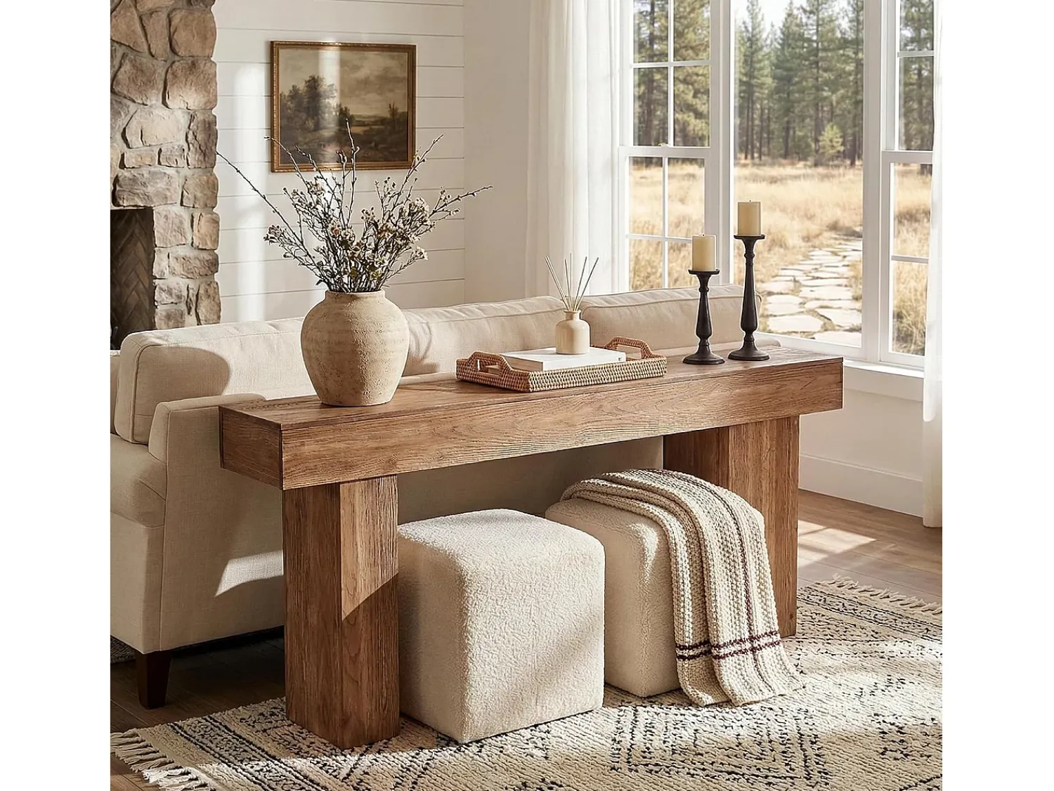 Consola|Tribesigns Mesa de Consola de Madeira Sólida, Mesa de Sofá Rural de 160cm Atrás do Sofá com Pernas Artísticas Castanho