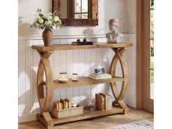 Tribesigns Mesa de Consola de Madeira Sólida para Entrada e Sala de Estar, Mesa de Sofá de Madeira Rústica com Design Lateral em Forma de Cauda de Peixe, 3 Camadas Castanho