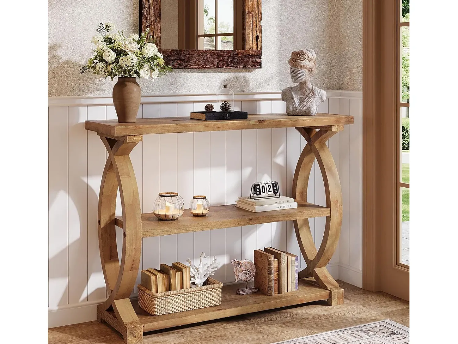 Tribesigns Mesa de Consola de Madeira Sólida para Entrada e Sala de Estar, Mesa de Sofá de Madeira Rústica com Design Lateral em Forma de Cauda de Peixe, 3 Camadas Castanho