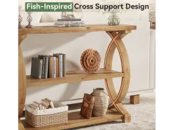 Tribesigns Mesa de Consola de Madeira Sólida para Entrada e Sala de Estar, Mesa de Sofá de Madeira Rústica com Design Lateral em Forma de Cauda de Peixe, 3 Camadas Castanho