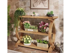 Tribesigns Mesa de Consola de Madeira Sólida para Entrada e Sala de Estar, Mesa de Sofá de Madeira Rústica com Design Lateral em Forma de Cauda de Peixe, 3 Camadas Castanho