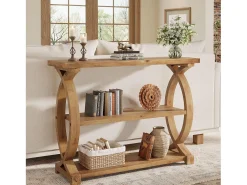 Tribesigns Mesa de Consola de Madeira Sólida para Entrada e Sala de Estar, Mesa de Sofá de Madeira Rústica com Design Lateral em Forma de Cauda de Peixe, 3 Camadas Castanho