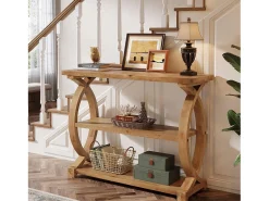 Tribesigns Mesa de Consola de Madeira Sólida para Entrada e Sala de Estar, Mesa de Sofá de Madeira Rústica com Design Lateral em Forma de Cauda de Peixe, 3 Camadas Castanho