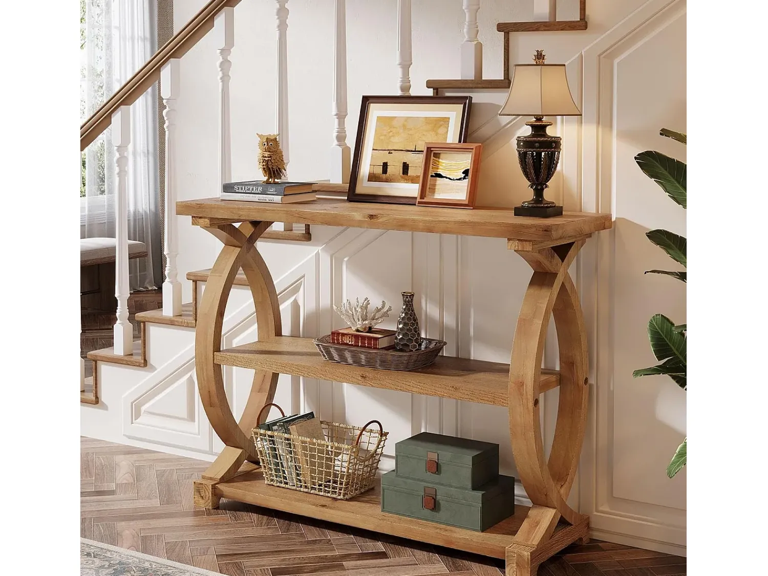 Tribesigns Mesa de Consola de Madeira Sólida para Entrada e Sala de Estar, Mesa de Sofá de Madeira Rústica com Design Lateral em Forma de Cauda de Peixe, 3 Camadas Castanho