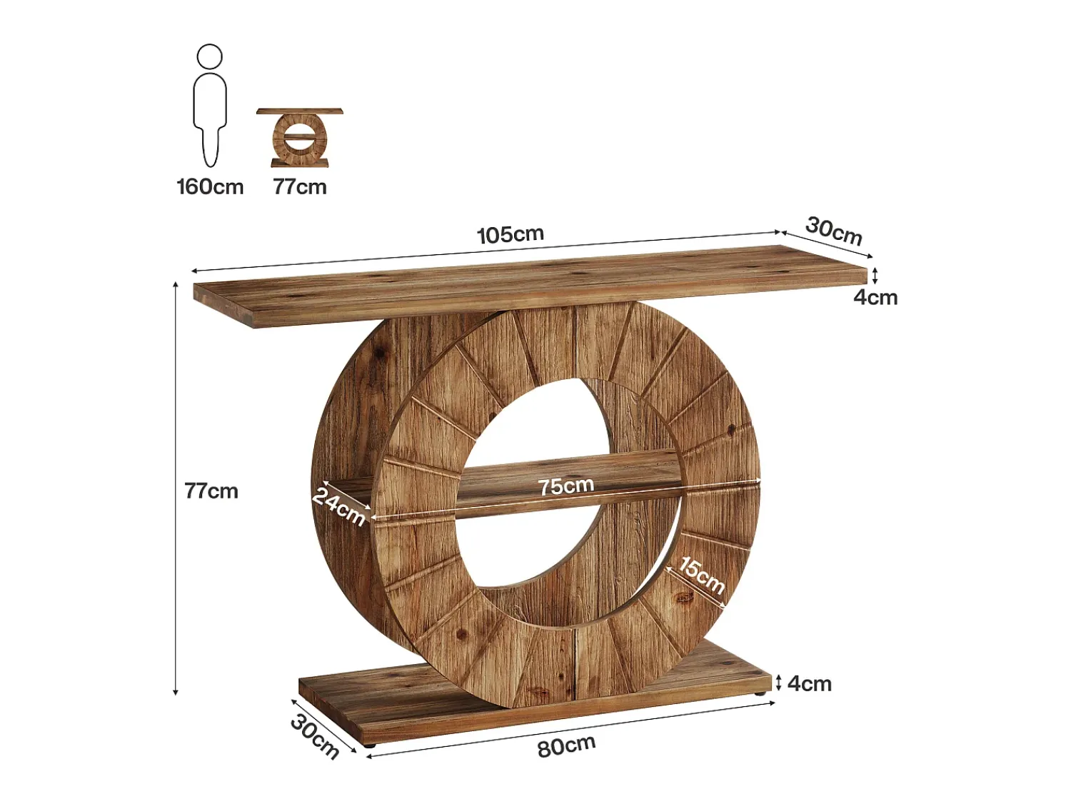 Tribesigns Mesa de Consola de Madeira Sólida com Armazenamento, Mesa de Sofá Rural com 3 Prateleiras e Base Circular Gravada^ Consola