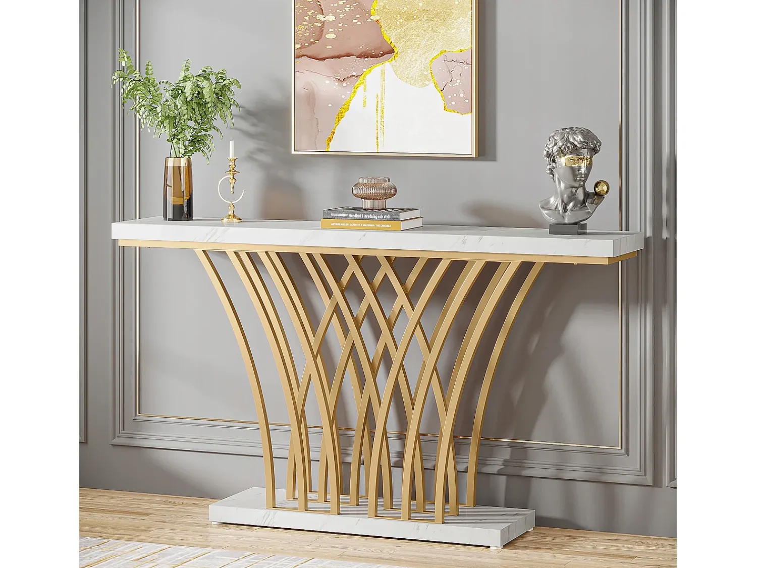 Consola|Tribesigns Mesa de Consola Dourada - 150 x 29,5 x 80 cm - Moderna - com Perna em Metal em Forma de Grade - para Entrada, Corredor, Hall de Entrada, Sala de Estar Branco