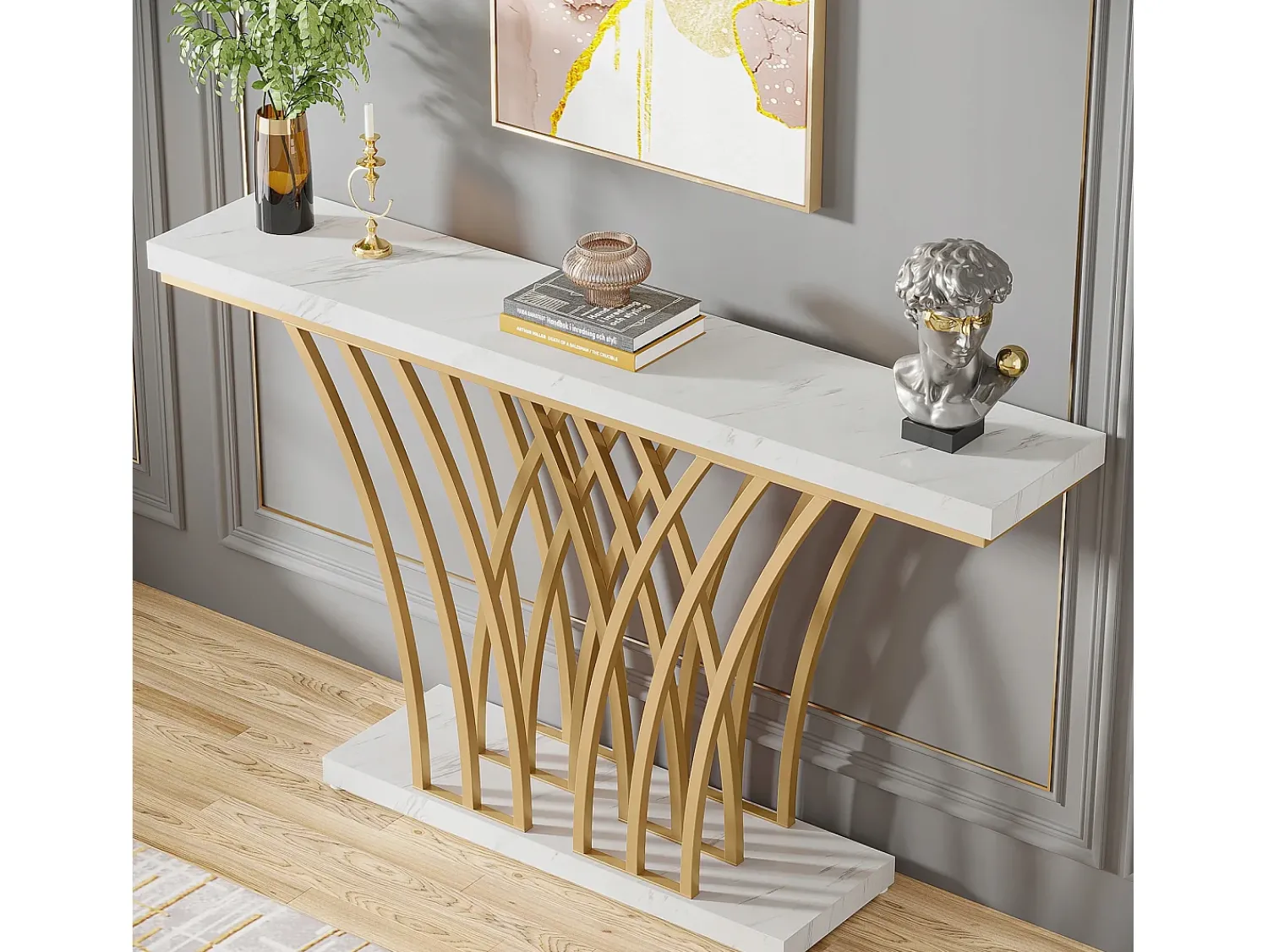 Consola|Tribesigns Mesa de Consola Dourada - 150 x 29,5 x 80 cm - Moderna - com Perna em Metal em Forma de Grade - para Entrada, Corredor, Hall de Entrada, Sala de Estar Branco