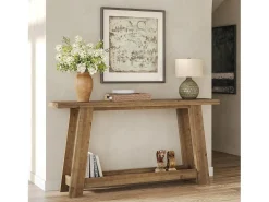 Consola*Tribesigns Mesa de Consola em Madeira Sólida de 160cm, Mesa de Entrada Rural com Prateleira de 2 Níveis Castanho
