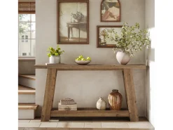 Consola*Tribesigns Mesa de Consola em Madeira Sólida de 160cm, Mesa de Entrada Rural com Prateleira de 2 Níveis Castanho