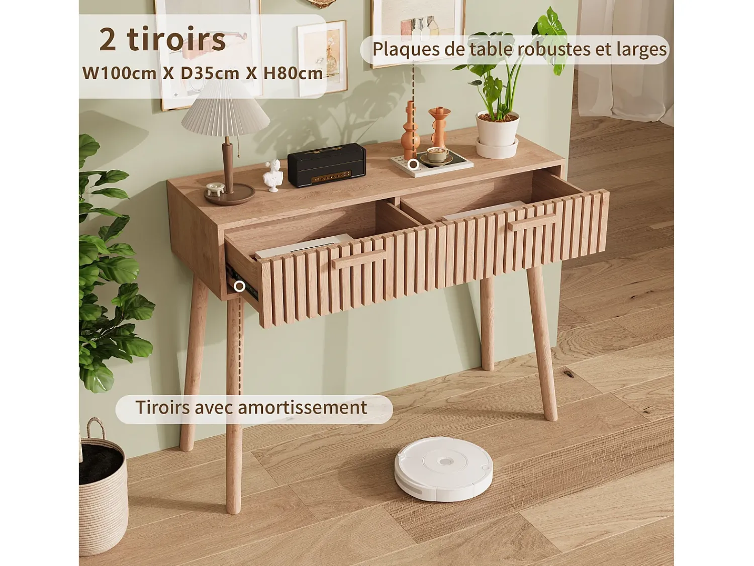 Mesa de consola em madeira com 2 gavetas para sala de estar ou hall de entrada - Dimensões 100x80x35 cm - Cor castanha^ Consola