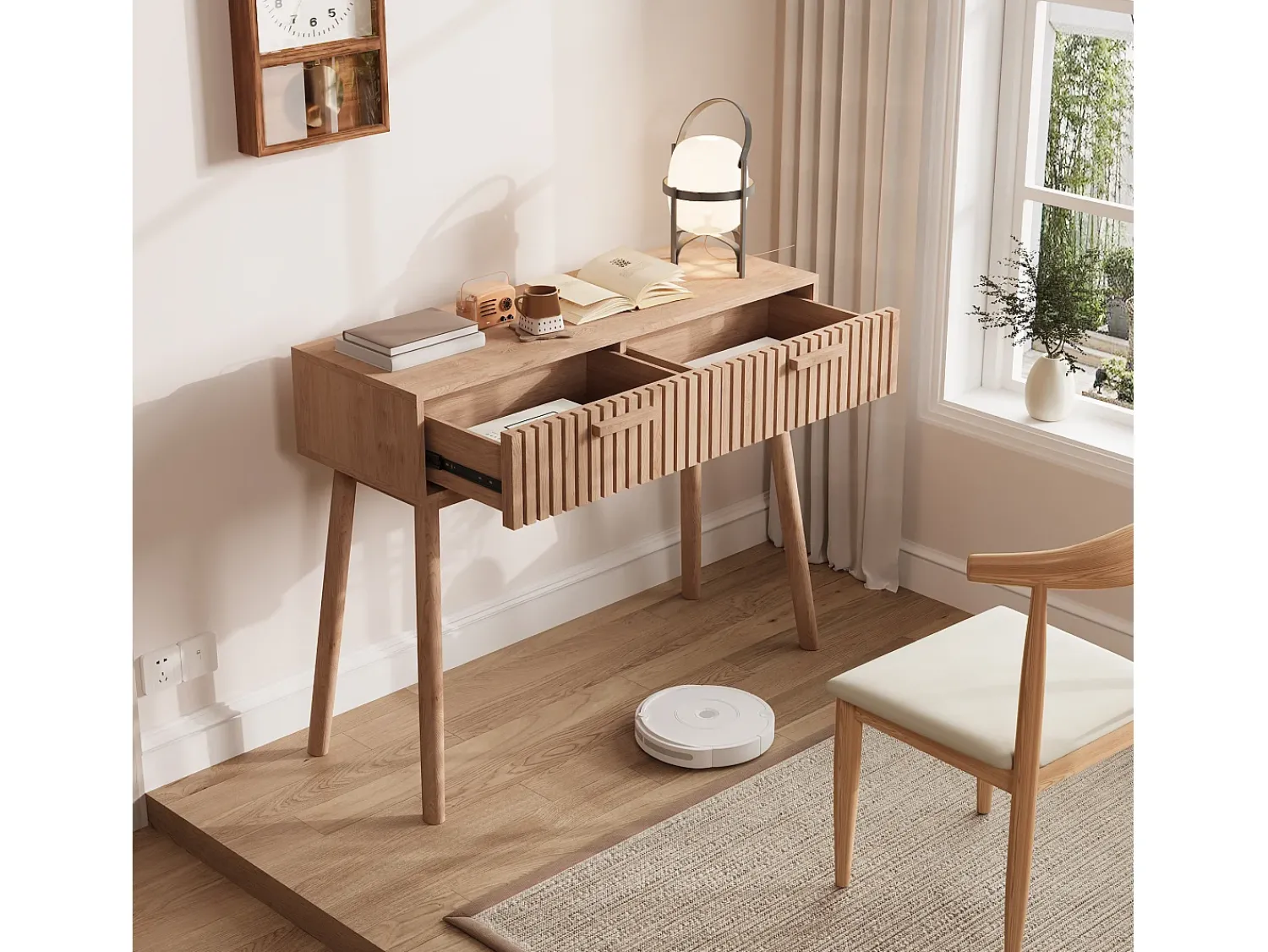 Mesa de consola em madeira com 2 gavetas para sala de estar ou hall de entrada - Dimensões 100x80x35 cm - Cor castanha^ Consola