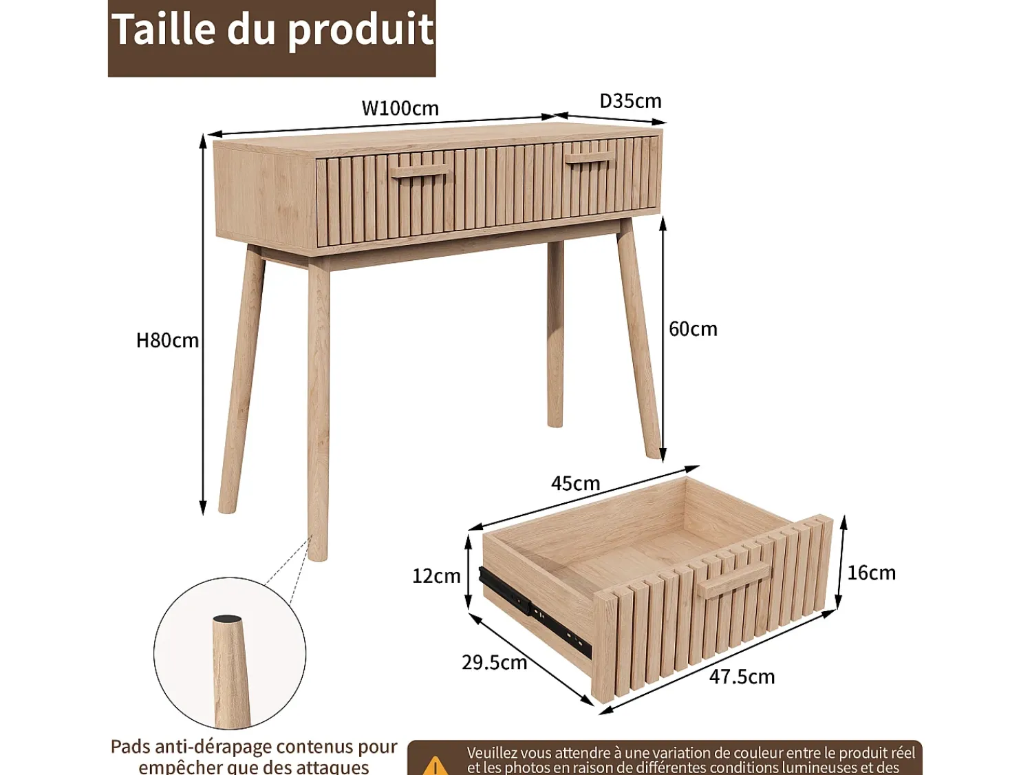 Mesa de consola em madeira com 2 gavetas para sala de estar ou hall de entrada - Dimensões 100x80x35 cm - Cor castanha^ Consola