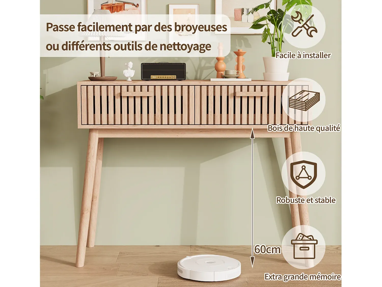 Mesa de consola em madeira com 2 gavetas para sala de estar ou hall de entrada - Dimensões 100x80x35 cm - Cor castanha^ Consola