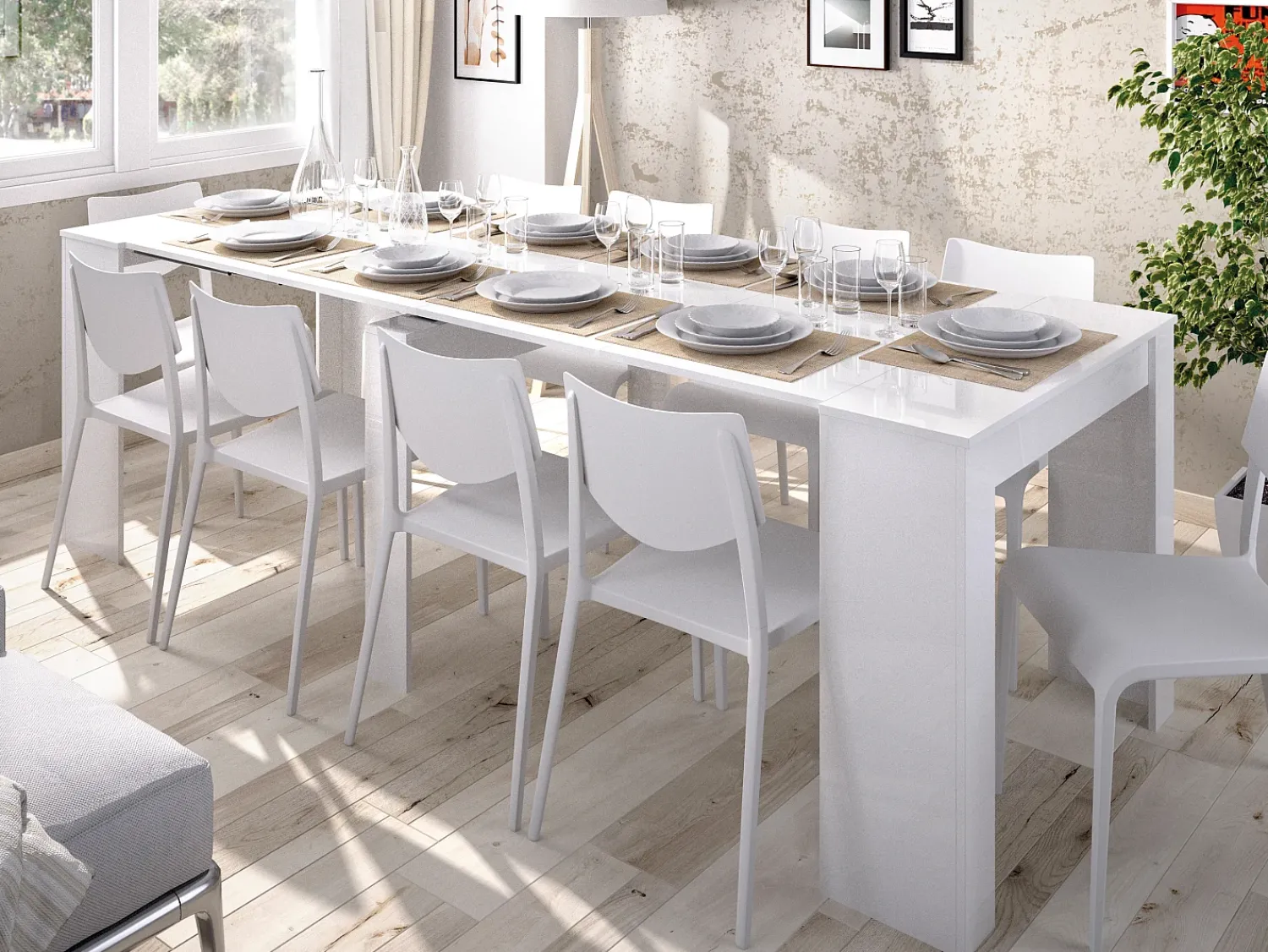 Consola*Vente-unique Mesa de consola extensível para 10 pessoas - 4 extensões - Cor: Branca - ONEGA Branco
