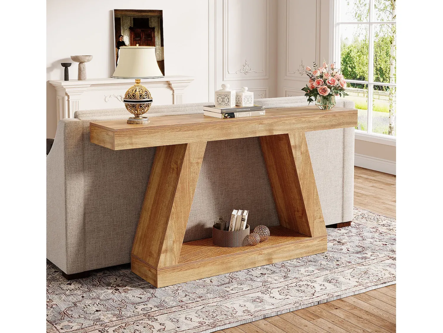Tribesigns Mesa de Consola Rural, Mesa de Sofá Rustica de 140cm com Armazenamento, Marrom Natural^ Consola