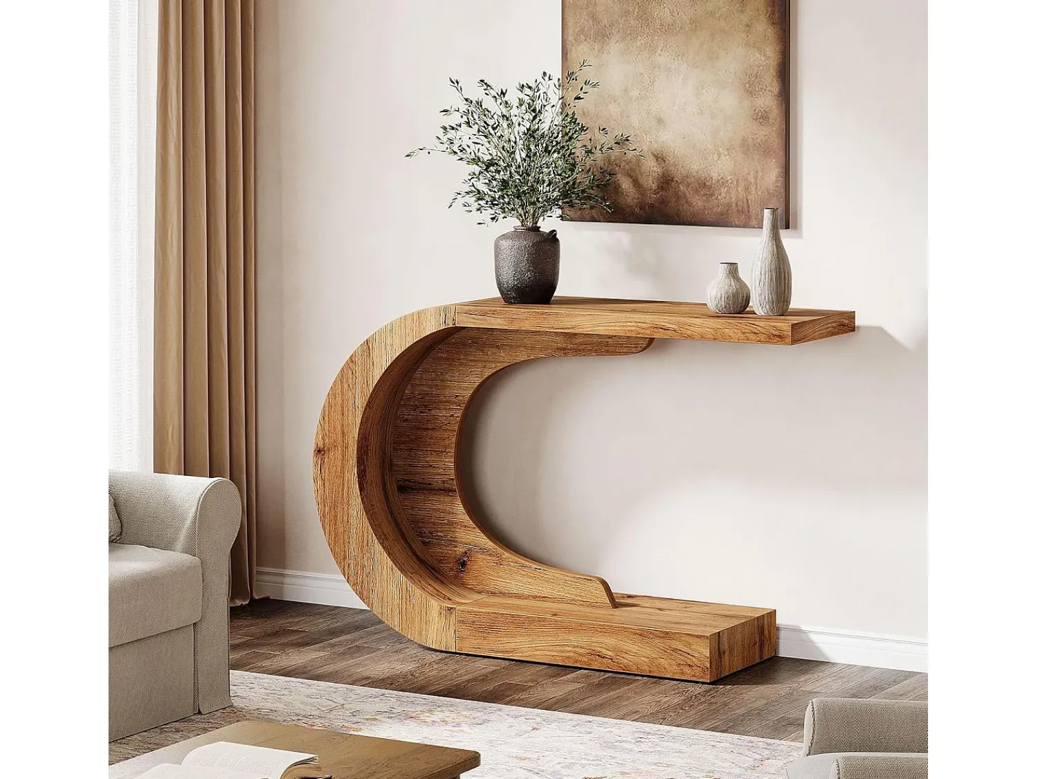 Sale Tribesigns Mesa de Consola Rural para Entrada, Mesa de Sofá Rustica em Forma de C Única Atrás do Sofá Laranja claro