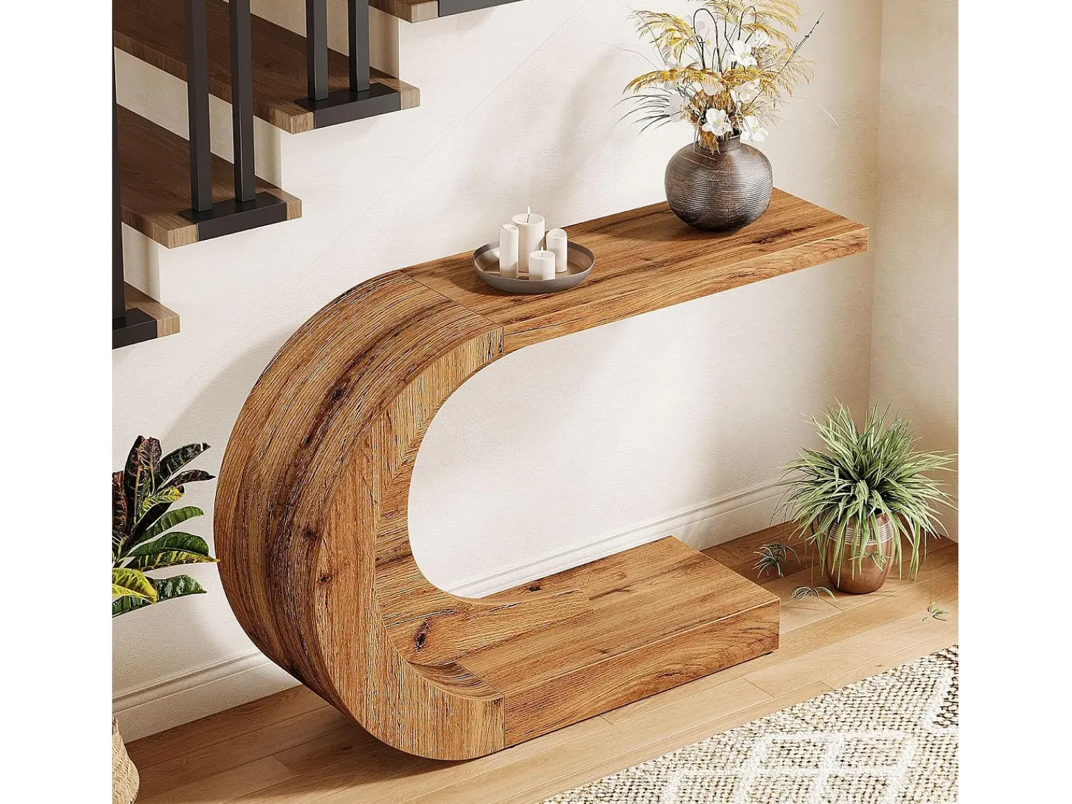 Sale Tribesigns Mesa de Consola Rural para Entrada, Mesa de Sofá Rustica em Forma de C Única Atrás do Sofá Laranja claro