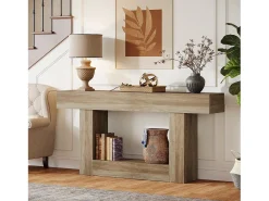 Consola*Tribesigns Mesa de Console 160cm, Mesa de Entrada de 2 Andares Rural, Mesa de Sofá, Mesa atrás do Sofá, Cinza Cinzento