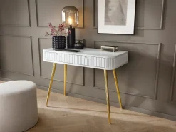 Consola* Mesa de console com 2 gavetas e pés dourados foscos 103x80 cm Branco