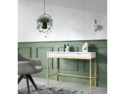 Mesa de console com 2 gavetas e pés de metal dourado 104x78 cm^ Consola