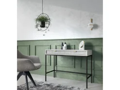 Mesa de console com 2 gavetas e pés de metal preto 104x78 cm^ Consola