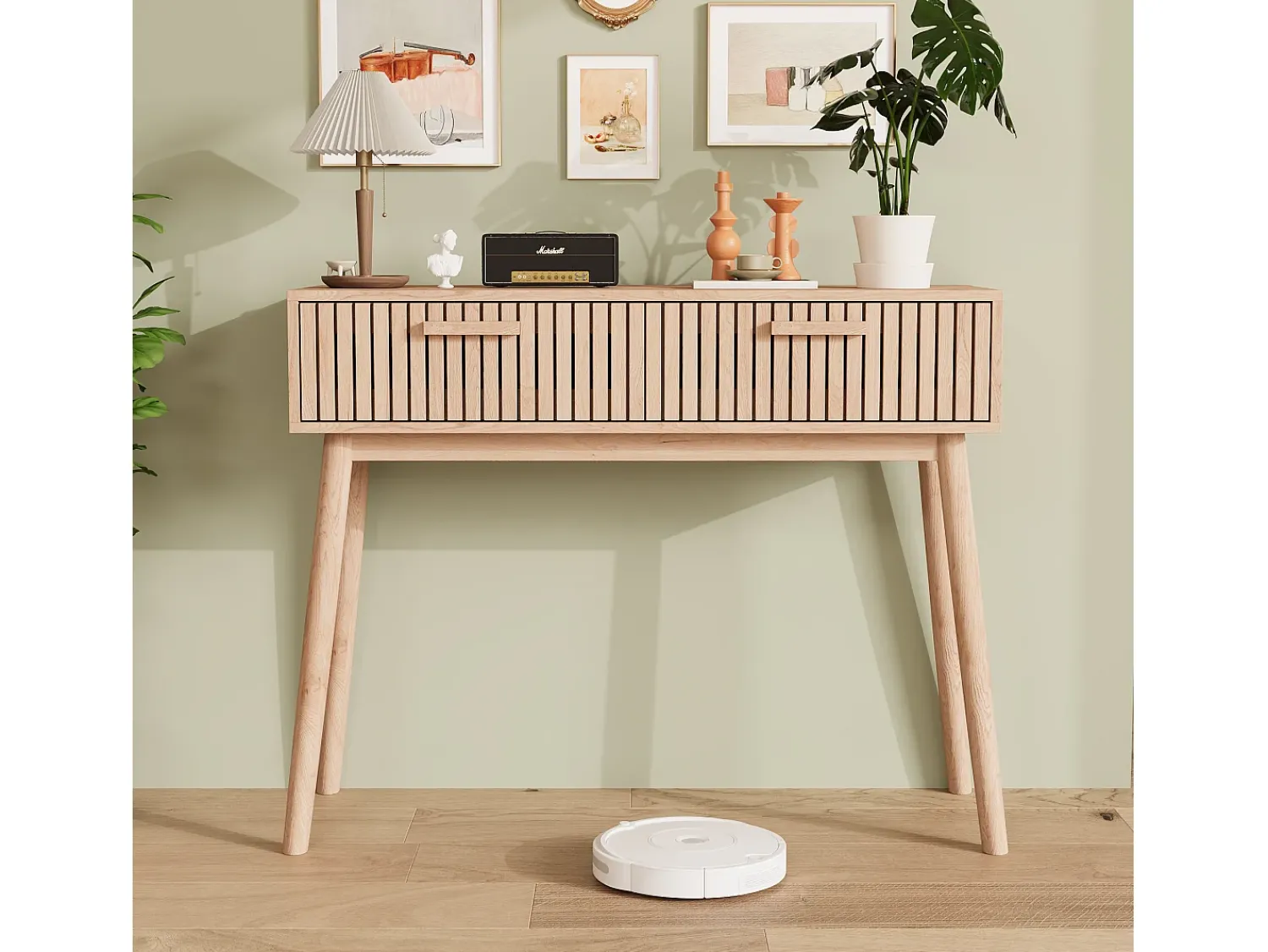 Consola| Mesa de console com 2 gavetas com efeito de madeira e tiras Castanho
