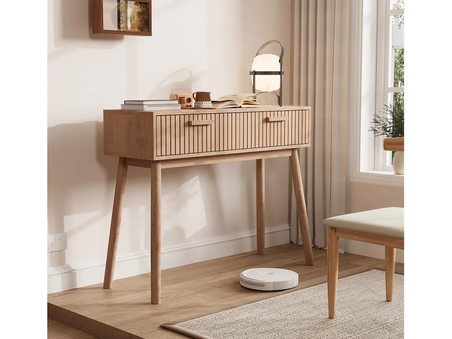 Consola| Mesa de console com 2 gavetas com efeito de madeira e tiras Castanho