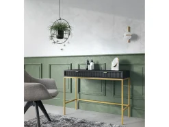 New Mesa de console com 2 gavetas e pés de metal dourado 104x78 cm Preto
