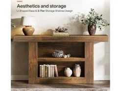 Consola*Tribesigns Mesa de Console com Armazenamento, Mesa de Entrada Rural de 3 Andares com Base em Forma de U, 160cm Castanho
