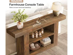 Consola*Tribesigns Mesa de Console com Armazenamento, Mesa de Entrada Rural de 3 Andares com Base em Forma de U, 160cm Castanho