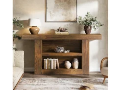 Consola*Tribesigns Mesa de Console com Armazenamento, Mesa de Entrada Rural de 3 Andares com Base em Forma de U, 160cm Castanho