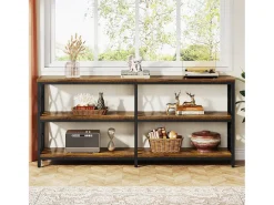 Consola|Tribesigns Mesa de Console com Prateleiras de Armazenamento, Mesa de Sofá Industrial de 180cm com 3 Andares para Sala de Estar Castanho
