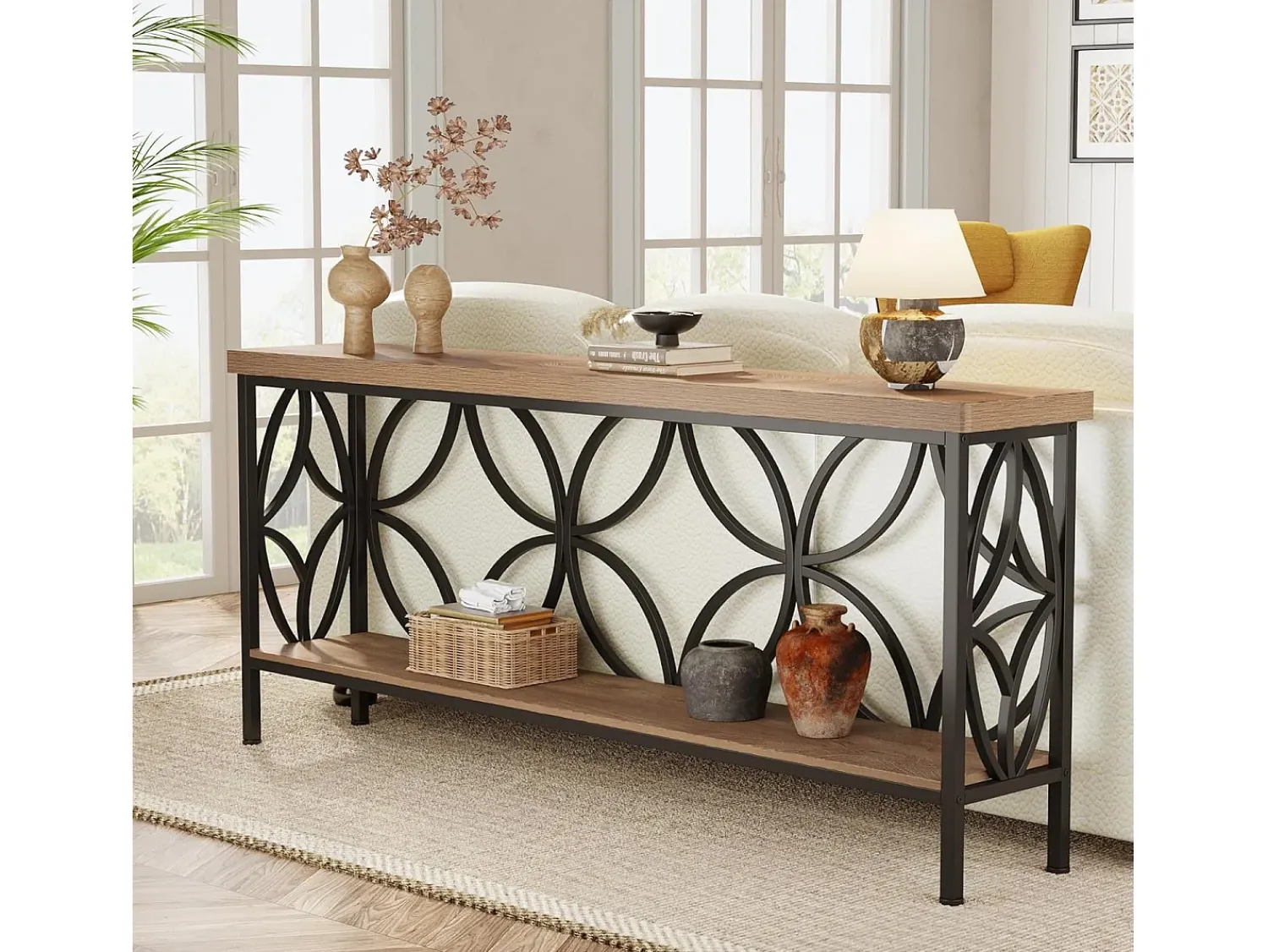 Consola|Tribesigns Mesa de Console com Prateleira Mesa de Sofá Estreita de 160cm Mesa de Corredor Natural claro