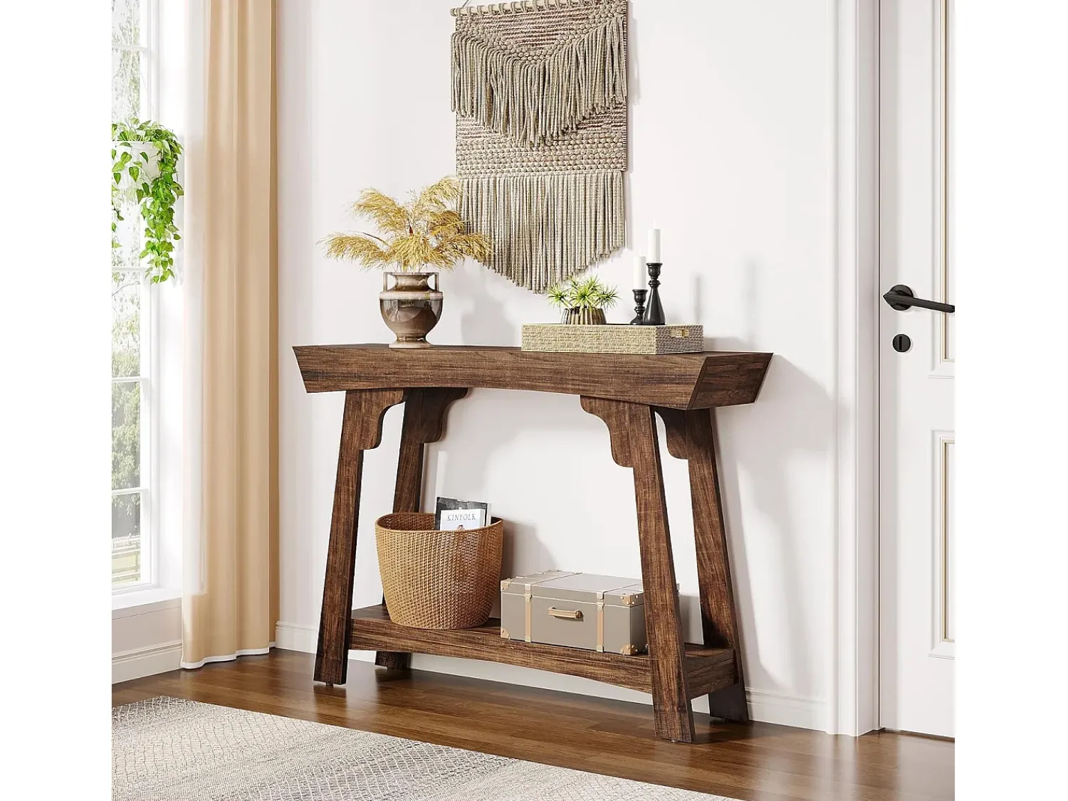 Consola|Tribesigns Mesa de console de 105 cm com armazenamento, 2 níveis em madeira, com prateleira, gaveta estreita, mesa para trás do sofá para sala de estar, marrom rústico Castanho