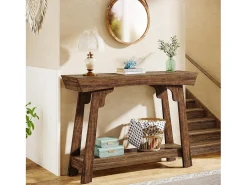 Consola|Tribesigns Mesa de console de 105 cm com armazenamento, 2 níveis em madeira, com prateleira, gaveta estreita, mesa para trás do sofá para sala de estar, marrom rústico Castanho