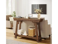 Consola|Tribesigns Mesa de console de 105 cm com armazenamento, 2 níveis em madeira, com prateleira, gaveta estreita, mesa para trás do sofá para sala de estar, marrom rústico Castanho