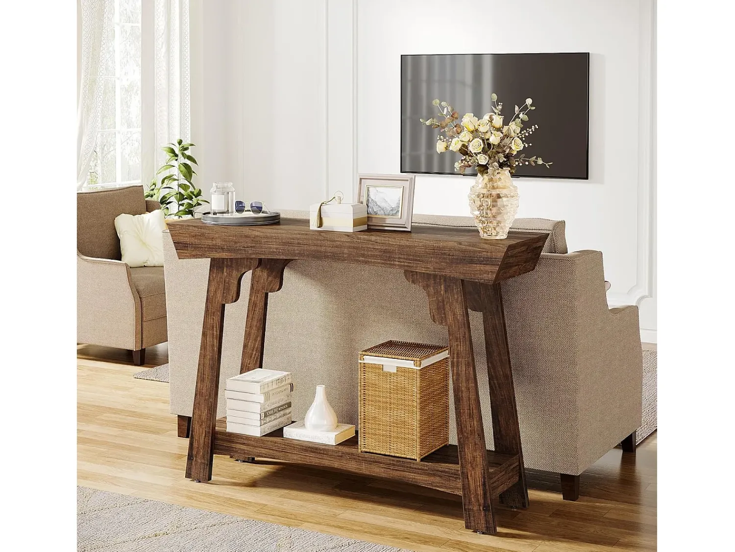 Consola|Tribesigns Mesa de console de 105 cm com armazenamento, 2 níveis em madeira, com prateleira, gaveta estreita, mesa para trás do sofá para sala de estar, marrom rústico Castanho