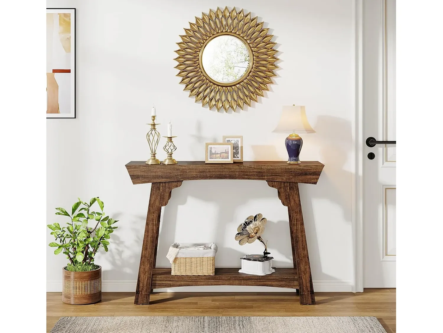 Consola|Tribesigns Mesa de console de 105 cm com armazenamento, 2 níveis em madeira, com prateleira, gaveta estreita, mesa para trás do sofá para sala de estar, marrom rústico Castanho