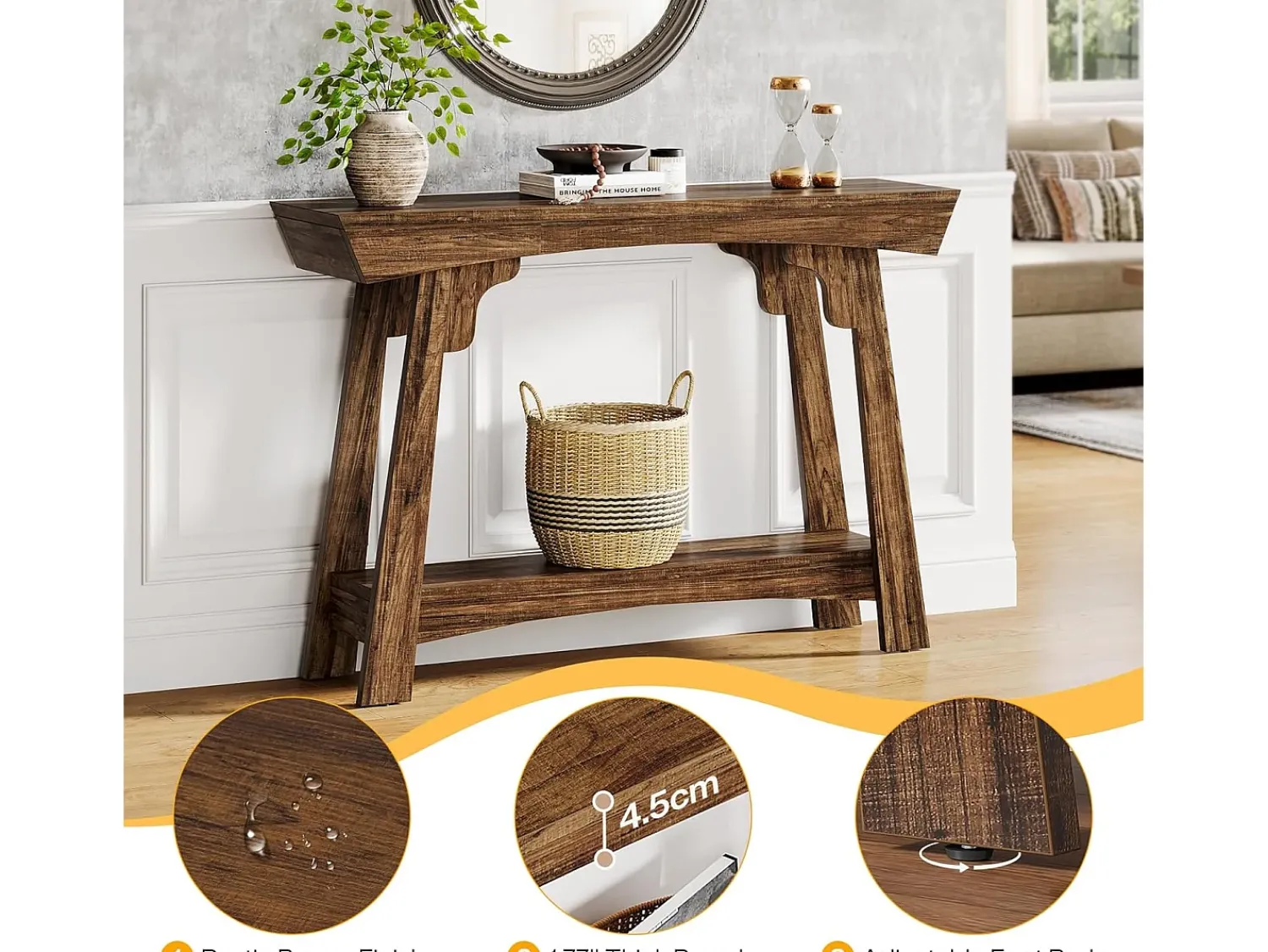 Consola|Tribesigns Mesa de console de 105 cm com armazenamento, 2 níveis em madeira, com prateleira, gaveta estreita, mesa para trás do sofá para sala de estar, marrom rústico Castanho