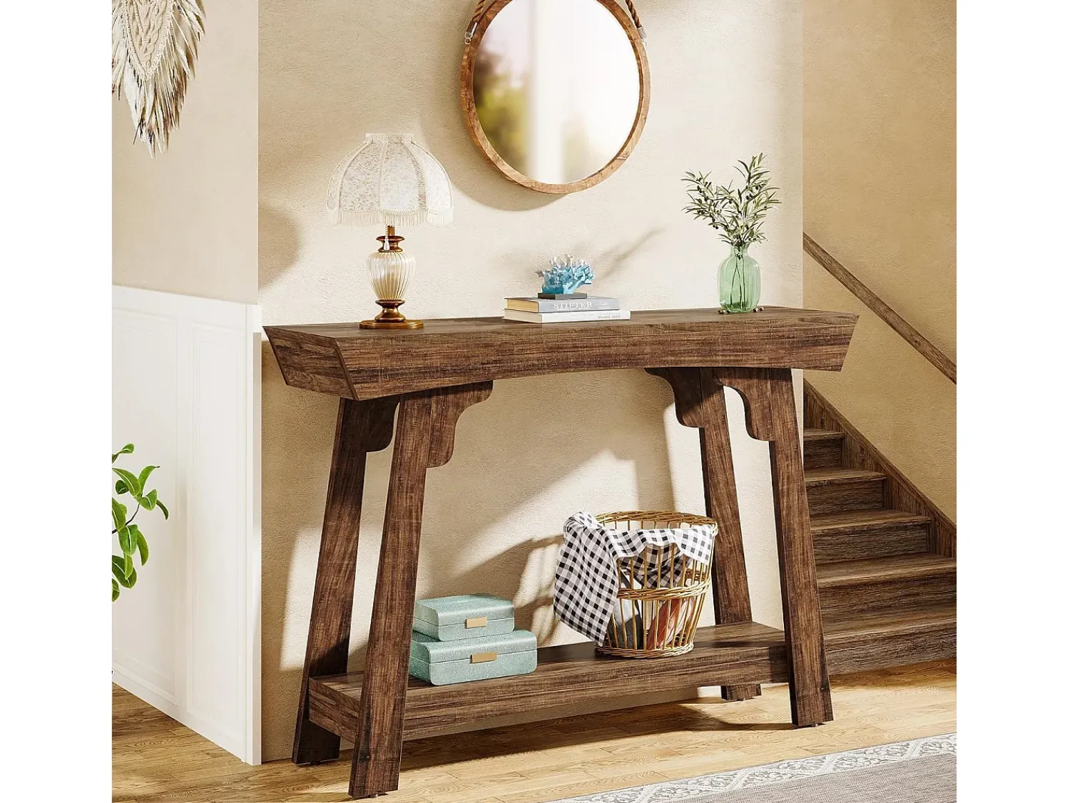 Consola|Tribesigns Mesa de console de 105 cm com armazenamento, 2 níveis em madeira, com prateleira, gaveta estreita, mesa para trás do sofá para sala de estar, marrom rústico Castanho