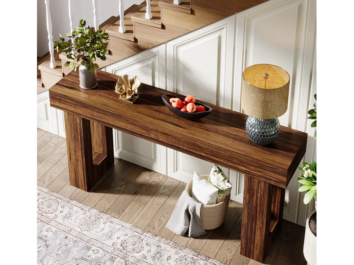 Consola*Tribesigns Mesa de console de 160 cm de comprimento, mesa de sofá retangular de madeira para atrás do sofá, estilo fazenda Castanho